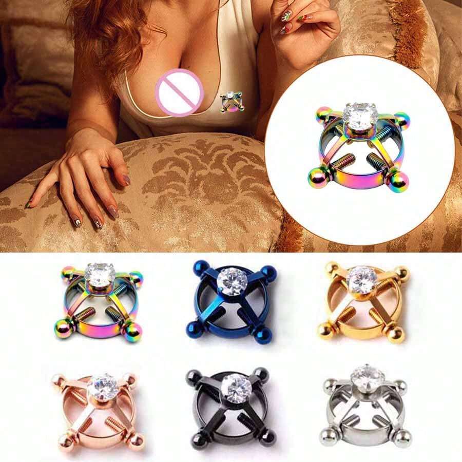 1入組304不鏽鋼晶體鑲嵌性感圓形乳頭環和乳頭夾，低過敏性，四孔螺絲調節尺寸，無需穿孔身體珠寶。