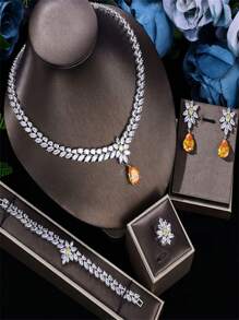 1set Bride Jewelry Set, Including Necklace, Bracelet, Ring And Earring. Fashionable Cubic Zirconia Crystal Set As Party Dress Accessory, Suitable For Western Style Wedding Dress
