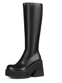 Platform Womens Elastic Knee High Combat Boots Chunky High Heel Luxury Fashion Punk Sock Motorcycle Shoes Woman - 黑色 - 查看 4