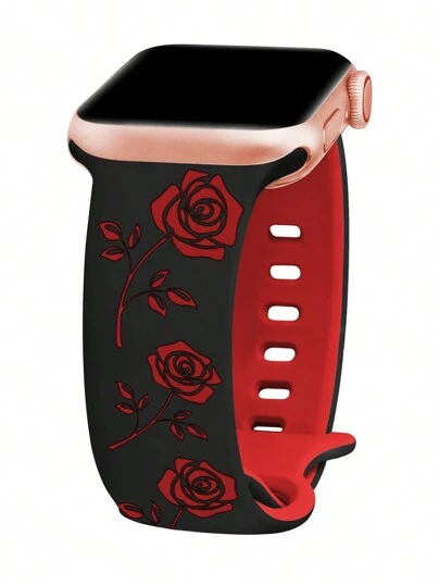 1pc Rose Carved Compatible With Apple Watch Bands 41mm 40mm 44mm 45mm 42mm 38mm 49mm 46mm For Women, Cute Floral Band, Soft Silicone Sport Watch Band, Compatible With Apple Watch Series Se 11 10 9 8 7 6 5 4 3 2 1 Ultra, Fashionable Rose Element Strap