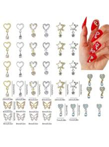 40 Piezas Dijes colgantes con forma de corazón, Diamantes de imitación de cristal, Gemas y Piedras decorativas para Uñas, Charms en color dorado y plateado para Diseño de Uñas, Accesorios Variados para Decoración de Uñas para el Día de los Enamorados