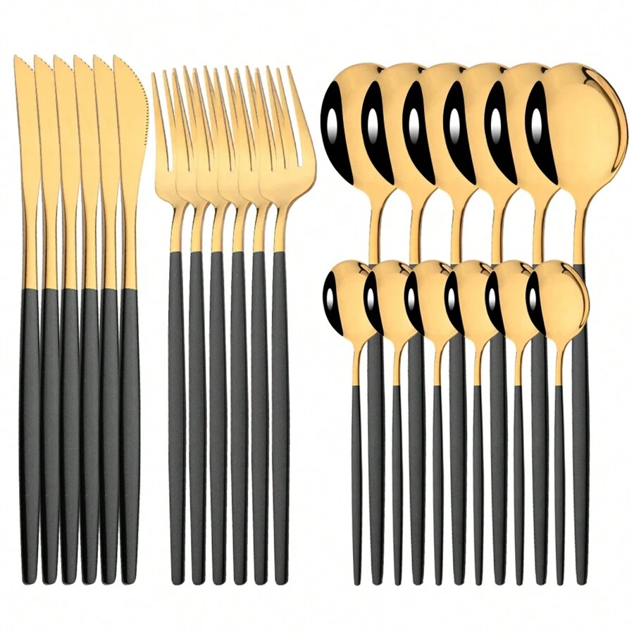 Black Handle Gold Cutlery Set, Stainless Steel School Supplies,Back To School - Black Handle Gold - View 1