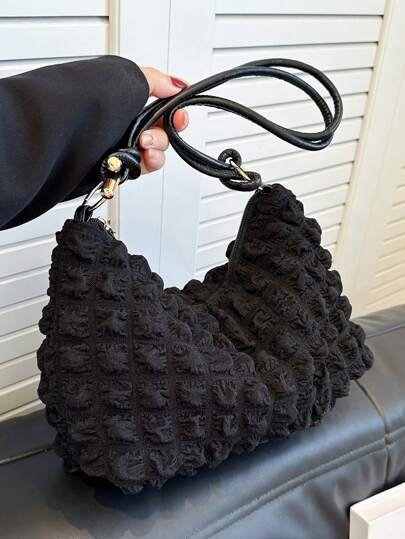 Sweet Style Women's Bubble Pleated Shoulder Bag, Versatile Solid Color Underarm Bag For Daily Use, Small Mobile Coin Purse Evening Handbag, Outdoor Travel Vacation Shopping Bags, Casual Commuting Satchel For Students And White-Collar Workers