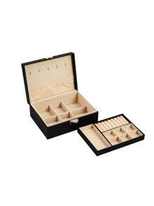1pc Simple Double Layer Velvet Jewelry Storage Box Desktop Large Capacity Dust-Proof Earring / Necklace / Bracelet & Other Accessories Organizer Valentine Day Back To School,Room Decor - Black - View 8
