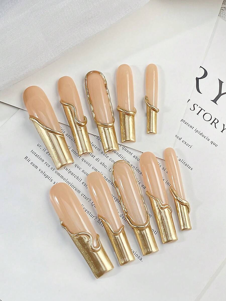10 chiếc Y2K Extra Long Nails Phong cách Pháp Màu hồng và vàng Ấn lên móng tay Độ che phủ toàn diện Móng tay giả Handmade Ấn lên móng tay với đường nét nghệ thuật bằng kim cương sáng bóng 3D, Móng tay acrylic với bộ thiết kế, Nghệ thuật làm móng cực kỳ vừa vặn và tự nhiên, 1 cái Gel thạch/1 cái cọ xát nhỏ Dải, Bộ ấn có thể tháo rời trên móng tay, Thích hợp cho phụ nữ và trẻ em gái trong các bữa tiệc ngày lễ và trang phục hàng ngày, Sản phẩm làm móng - Hồng - Xem 1