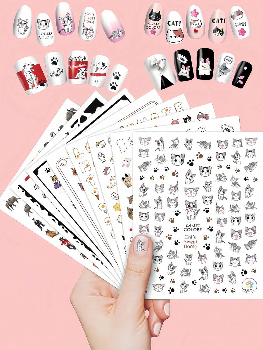8 Miếng Dán Móng Tay Hình Động Vật Hoạt Hình Trang Trí Móng Tay Cho Nữ & Bé Gái, Thích Hợp Cho Móng Tay Acrylic - Nhiều màu - Xem 1