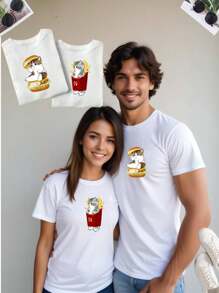 Playeras para parejas, kit Duo, Dos piezas, estampado dibujo animado , papas gatos enamorados, comida date, disfraz, playera basica , novios, hermanos, esposos, amigos, basico, casual - Blanco - Ver 2
