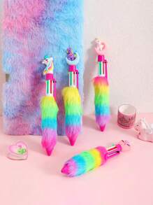 1pc Rainbow Plush Unicorn Toy Writing Pen, Cartoon Decoration, Button Press Stationery For Student Study, Journal Gift Accessory - Multicolor - View 10