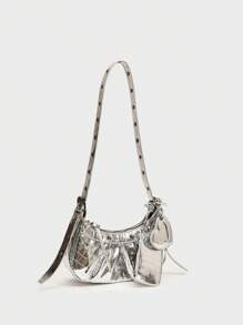 Dedoo 2024夏季新款抽绳女包时尚水桶包铆钉摩托车包三件套宽肩带斜挎包，Tready新月形女包 - 銀色 - 查看 3