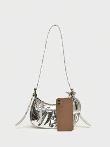 Dedoo 2024夏季新款抽绳女包时尚水桶包铆钉摩托车包三件套宽肩带斜挎包，Tready新月形女包 - 銀色 - 查看 6