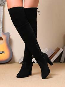 New Spring/Autumn Plus Size Knee-High Boots For Women, Pointed Toe High Heel Slim Fit Sock Boots, European And American Style Over-The-Knee Boots, Fashionable Chunky Heel To Look Slim, Size 43,Ideal With Travel - Black - View 6