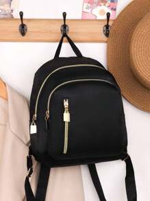 尼龍大學風休閒背包適用於女生 - 黑色 - 查看 5