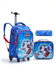 Set de 3 mochilas con ruedas para niños con diseño de fútbol de dibujos animados en color cian, mochila escolar primaria con bolsa de almuerzo y bolsa de lápices que brillan en la oscuridad - azul real - Ver 7