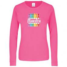 Playera Manga Larga de Moda para Mujer 1 Pza Estampado Colores Maestros | Día del Maestro o Maestra | Playera 100% Algodón - Rosa Fucsia - Ver 2