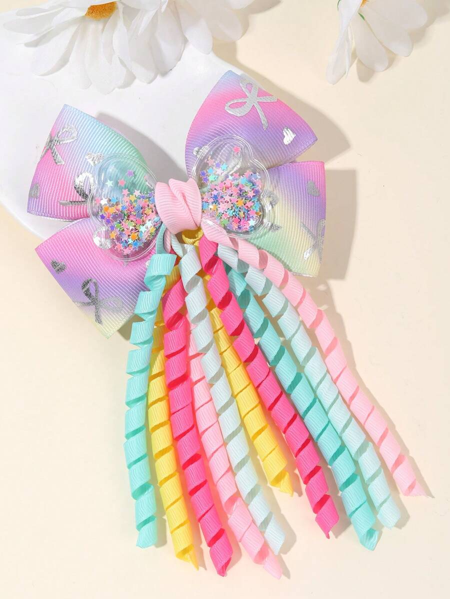 1入組女孩閃爍漸變緞帶蝴蝶結鬆緊扣百搭髮圈，可愛童裝髮飾 - 彩色 - 查看 1