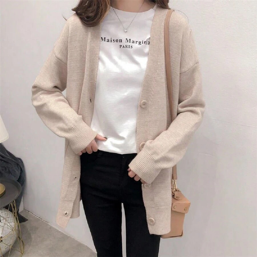 Chaqueta holgada de punto con cuello en V para mujer - Albaricoque - Ver 1
