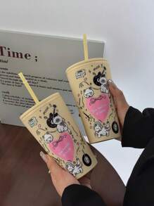 1入組卡通花系列塑料吸管杯，扁平底杯，旅行戶外杯，汽車杯，可重複使用的飲料杯，節日禮物，16.23安士/480毫升