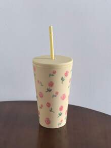 1入組卡通花系列塑料吸管杯，扁平底杯，旅行戶外杯，汽車杯，可重複使用的飲料杯，節日禮物，16.23安士/480毫升