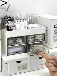 1pc Desk Organizer Drawer Type Pen Holder Stationery Storage Box For Students, Office Workers - White - View 6