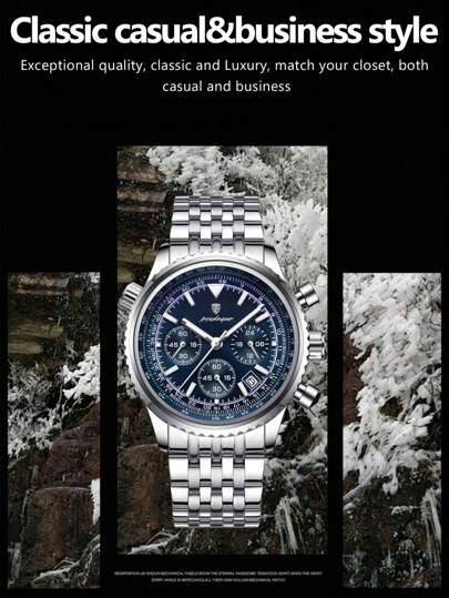 POEDAGAR 1pc Men Quartz Watchs, Stainless Steel Multi Function Date Chronograph Waterproof Luminous Pointer Watch, Wristwatches Business Occasions view 4