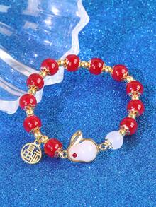 1pc Cute Jade Rabbit Bracelet For Women, Chinese Style Beaded Lucky Charm Bracelet - Red - View 4