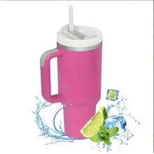 1pc 40 Oz Stainless Steel  Tumbler With Handle Lids Travel Mug Car Water Bottle Insulated - Hot Pink - View 9