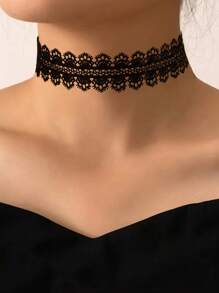 1 pieza Collar de gargantilla de encaje negro de nailon con estilo lolita punk, adecuado para cena, citas y uso diario de mujeres