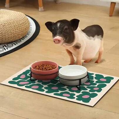 1pc Green Small Print Diatom Mud Pet Feeding Mat, Anti-Slip Quick-Drying Dog And Cat Food And Water Bowl Mat, Easy To Clean Pet Supplies, Suitable For Various Bowls