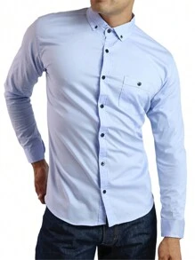 Camisa Lisa Manga Larga Para Hombre Slim Fit Cuello Italiano - Celeste - Ver 2