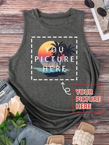 Personalized Christmas & Thanksgiving Apparel, Customizable Women's Crew Neck Tank Top - Add Your Own Photo, Text, Slogan Or Message (Family Photo/Selfie/Quote/Statement) To Design Your Own Custom Printed Cute Tank Top, Personalized T-Shirt, Anniversary Gift, Birthday Present, Best Friend Gift - Dark Grey - View 5