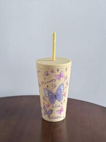 1入組卡通花系列塑料吸管杯，扁平底杯，旅行戶外杯，汽車杯，可重複使用的飲料杯，節日禮物，16.23安士/480毫升