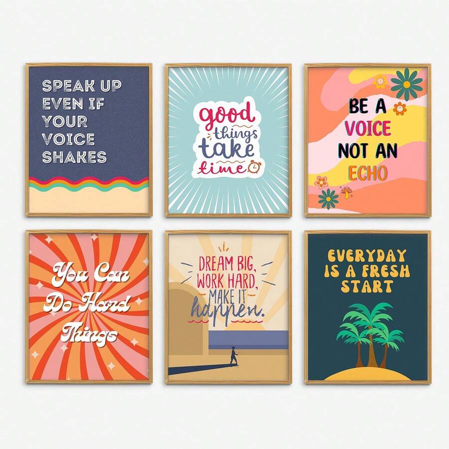 6pcs/Set Retro Growth Mindset Classroom Poster, Groovy Classroom Decor, Inspirational Poster Bundle, Inclusion Posters, Motivational Prints - Multicolor - View 1