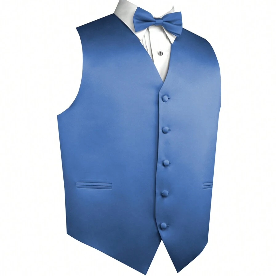 Sizes XS To 6XL Men's 3-Piece Tuxedo Vest Set – Satin Waistcoat With Bow Tie And Pocket Square For Wedding, Prom, Formal Events - 矢車菊 - View 1