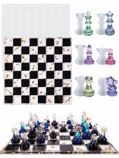 7pcs Resin Cast Chess Mold With 3D Full-Size Chess Board Epoxy Silicone Resin Mold, DIY Chess Board Game
