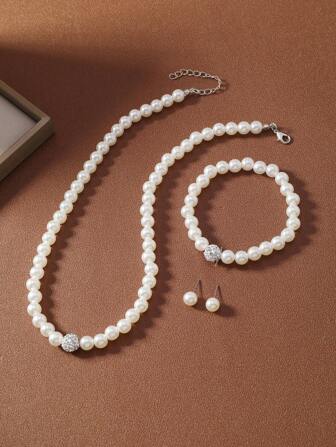 3入組創意珍珠款項鍊手鍊耳環套裝，適用於女孩，派對或生日禮物（多款可選）