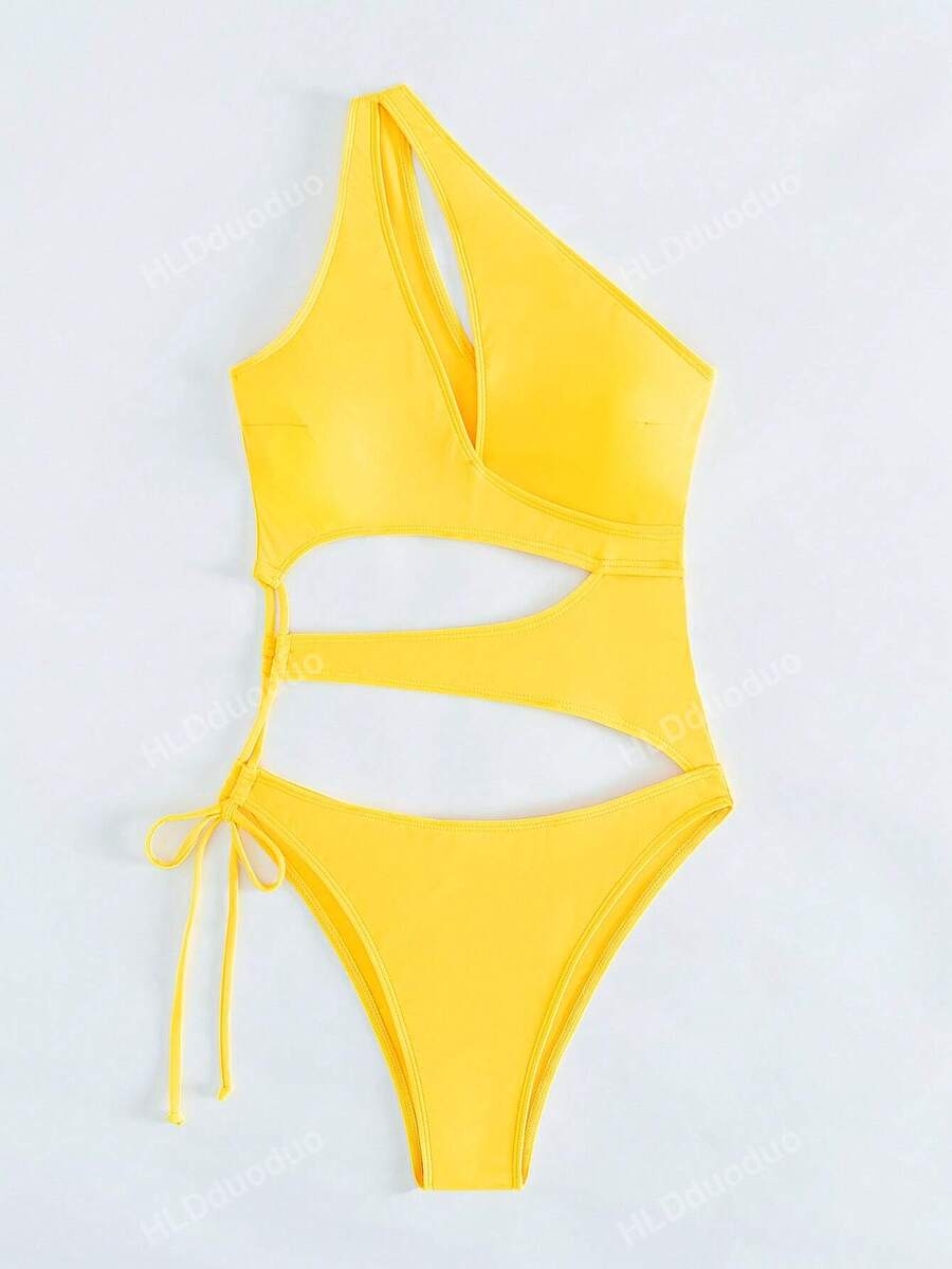 Solid Color OnePiece Swimsuit With Hollow Out Sexy One Shoulder Design