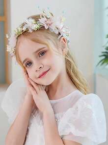 1pc Children's Flower Crown Headband, Princess Style Pearls Ribbon Hair Hoop ,Fairy Headpiece Wreath, Exquisite Decorative Design, Sparkling Head Jewelry, Delicate Wreath Style, Bridal Hair Accessories ,For Wedding And Party, Lovely Ornaments For Girls - Multicolor - View 4