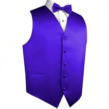 Sizes XS To 6XL Men's 3-Piece Tuxedo Vest Set – Satin Waistcoat With Bow Tie And Pocket Square For Wedding, Prom, Formal Events - 紫色 - 查看 2