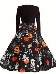 Vintage Halloween Pumpkin Spiderweb Skeleton Print Round Neck High Waist Patchwork Long Sleeve Swing Dress With Scarf - Black - View 2