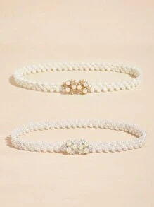 2pcs Women Pearl Elastic Waist Chain With Gold Flower & Bow Accent, Suitable For Evening Dress, Parties, Weddings, Mother's Day Gift