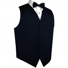 Sizes XS To 6XL Men's 3-Piece Tuxedo Vest Set – Satin Waistcoat With Bow Tie And Pocket Square For Wedding, Prom, Formal Events - Navy Blue - View 2