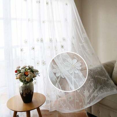 1片白色花卉刺繡透明窗簾，適用於餐廳客廳薄紗窗簾，臥室/客廳落地玻璃門窗簾，家庭裝飾