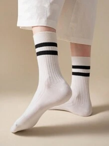 12 Pairs/Set Striped Unisex Socks, Size 10-13, Black And White Color, Mid-Calf Length, Fall - White - View 3