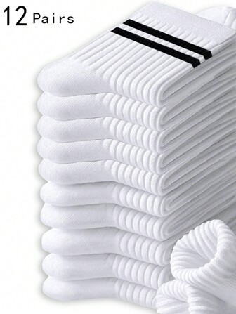 12 Pairs/Set Striped Unisex Socks, Size 10-13, Black And White Color, Mid-Calf Length, Fall