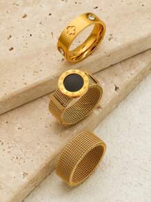 1 Piece Hot Selling Personalized Zirconia Roman Numeral Stainless Steel Gold Color Disc Grid Couple Ring Luxury Wedding Accessory - Gold - View 3