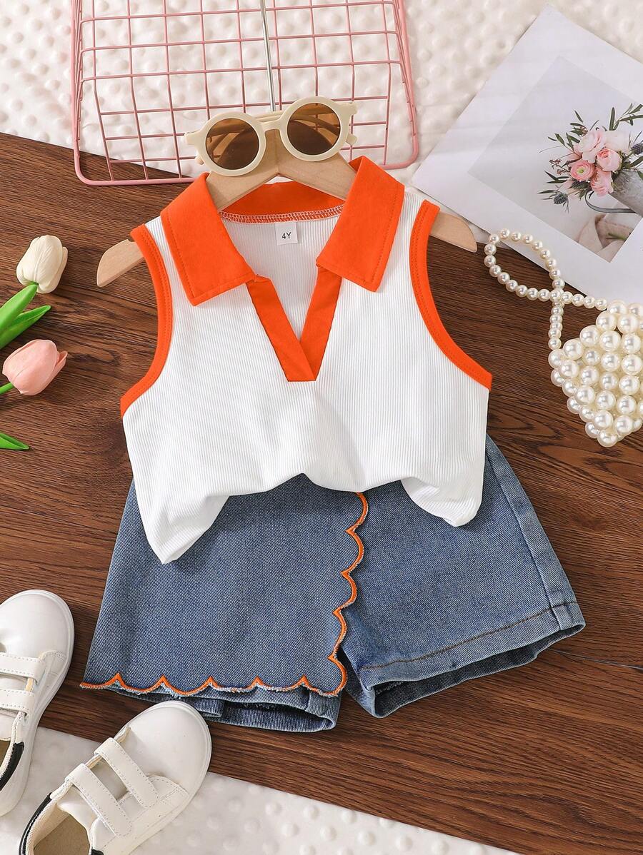 Young Girl Summer Sleeveless Small Square Neck Vest And Asymmetrical A-Line Skort Casual Suit
