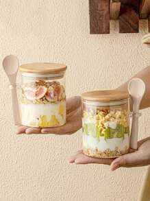 1pc/2pcs/4pcs 500ml 16.9oz Glass Jars,Overnight Oats Containers With Lids,Kitchen Glass Canisters,Glass Storage Container Airtight Food Jars With Wood Lids And A Spoon,Wide Mouth Pantry Clear Glass Jar For Flour, Sugar, Cookie,Nuts,Coffee,Biscuits,Herbs,Honey,Milk Powder,Dried Fruit,Matcha,Salt,Oats,Tea-Leaf,For Kitchen,Restaurant,Outdoor,Food Store,Party,Picnic, Refrigerator Storage