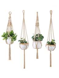 4 pièces Suspensions de plantes macramé blanc style bohème chic - Longueurs polyvalentes - Idéal pour la décoration de la maison et du jardin, décoration d'intérieur, décoration de la chambre, décoration murale