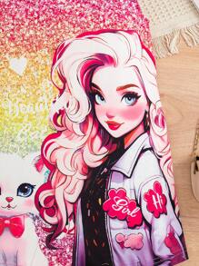 Young Girls Casual Brick Pattern Cartoon Unicorn Print Flounce Sleeve Dress - Pink - View 6