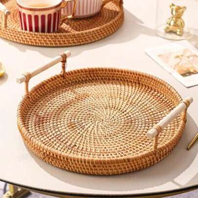 1 件手工编织藤条面包/蛋糕/水果/零食托盘，非常适合野餐、派对和家居装饰